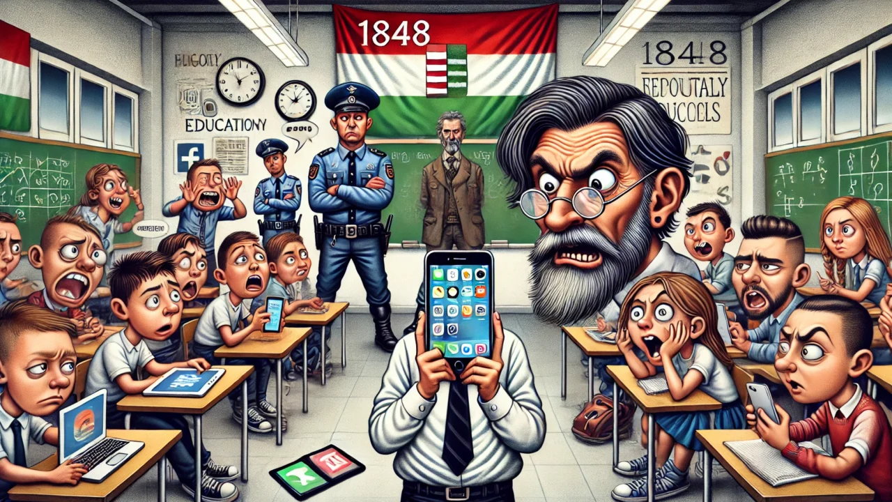 dall·e 2024 08 29 01.44.49 a humorous and sarcastic illustration depicting a modern hungarian classroom in a satirical style. in the foreground a caricatured figure of a school