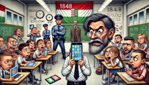 dall·e 2024 08 29 01.44.49 a humorous and sarcastic illustration depicting a modern hungarian classroom in a satirical style. in the foreground a caricatured figure of a school