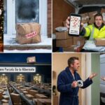 A megrendelő elvárása vs. a valóság. Bal oldalon a kényelmes fotelben ülő vásárló, aki a telefonján látja a "kiszállítva" értesítést, miközben a feje felett egy tökéletes ajándék lebeg. Jobb oldalon a valóság: egy hóban heverő, összetört, "FRAGILE" (törékeny) feliratú doboz az ajtó előtt.