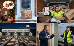 A megrendelő elvárása vs. a valóság. Bal oldalon a kényelmes fotelben ülő vásárló, aki a telefonján látja a "kiszállítva" értesítést, miközben a feje felett egy tökéletes ajándék lebeg. Jobb oldalon a valóság: egy hóban heverő, összetört, "FRAGILE" (törékeny) feliratú doboz az ajtó előtt.