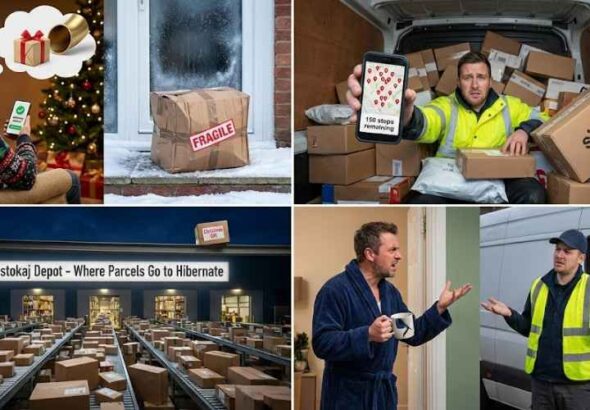 A megrendelő elvárása vs. a valóság. Bal oldalon a kényelmes fotelben ülő vásárló, aki a telefonján látja a "kiszállítva" értesítést, miközben a feje felett egy tökéletes ajándék lebeg. Jobb oldalon a valóság: egy hóban heverő, összetört, "FRAGILE" (törékeny) feliratú doboz az ajtó előtt.